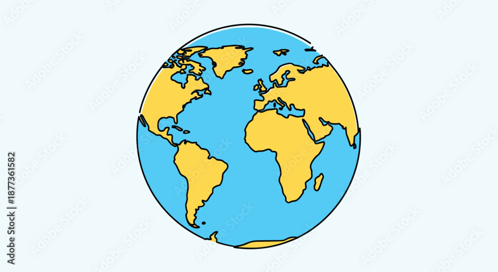 Obraz premium Simple and clean illustration of planet Earth showing the continents in yellow and oceans in blue on a light background.