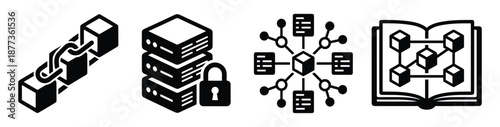 A set of blockchain icons representing data, security, networks, and knowledge. Modern vector style for tech design.