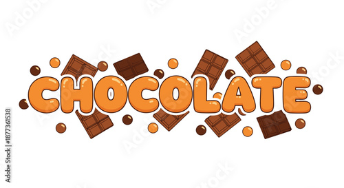 Stylized orange chocolate text surrounded by dark chocolate bars and cocoa beans on a clean white background for candy shop design.