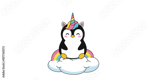 Magical penguin character with a unicorn horn and rainbow tail sitting peacefully on a fluffy white cloud for dreamy designs.