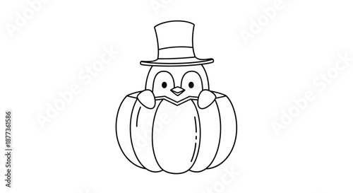 Cute line art illustration of a penguin wearing a top hat and peeking out from inside a large hollowed out pumpkin for Halloween.