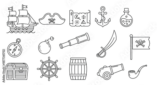 Comprehensive set of pirate line icons includes a ship, map, anchor, compass, sword, treasure chest, and more objects.