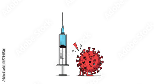 Emotional cartoon illustration of a sad red coronavirus character being confronted by a blue vaccine syringe for health.