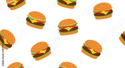 Mouth-watering seamless pattern of classic cheeseburgers with lettuce, tomato, and cheese on a clean white background.
