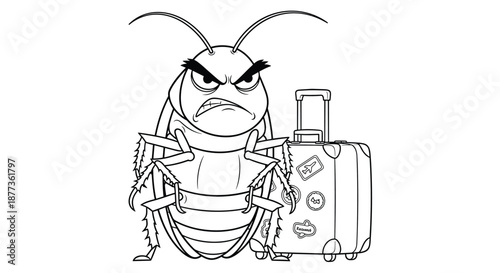 Grumpy cartoon cockroach character standing next to a vintage suitcase covered in various travel stickers on a clean white background.