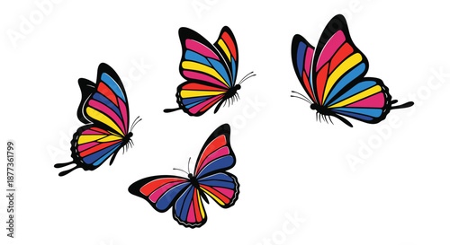 Group of four vibrant butterflies with colorful striped wings flying together against a plain white background in a beautiful nature scene.