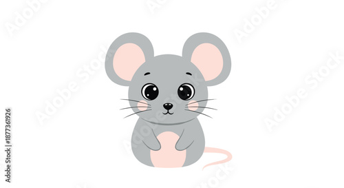 Tiny gray mouse with soft pink ears and rosy cheeks sitting calmly with large dark eyes on a simple and clean white background.