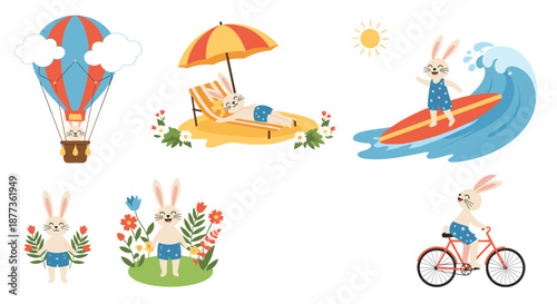 Set of cute summer rabbits enjoying various activities like surfing on waves, sunbathing, cycling, and flying in a colorful hot air balloon.