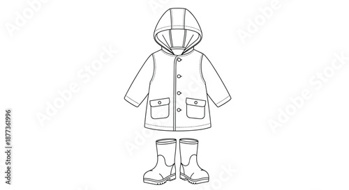 Childrens outdoor rainy day outfit featuring a hooded raincoat with pockets and buttons and a matching pair of waterproof rubber boots.