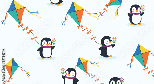 Delightful seamless pattern showcasing little penguins carrying pink flowers and flying colorful diamond kites against a soft blue background.
