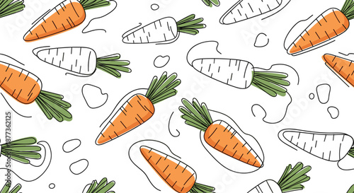 Simple seamless garden pattern showing various orange and white carrots with green leafy tops scattered across a clean white background.