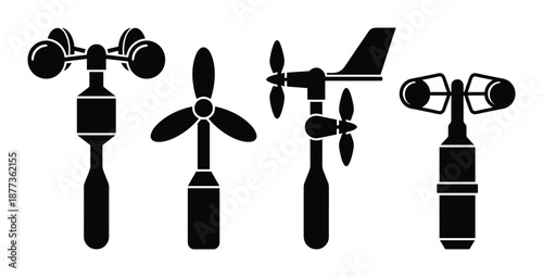 Anemometer and wind turbines. A vector collection of instruments for measuring wind speed and renewable energy sources.