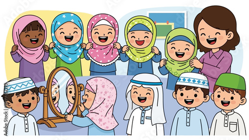 Cartoon Vector of Diverse Muslim Students (Girls and Boys) Learning About Hijab and Islamic Culture in School, Guided by a Teacher