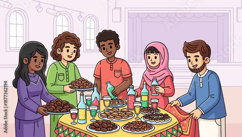 Diverse Group Celebrating Eid al-Fitr or Ramadan Iftar Dinner. Happy Muslim Friends Gathering for Feast, Cartoon Illustration of Holiday Celebration.