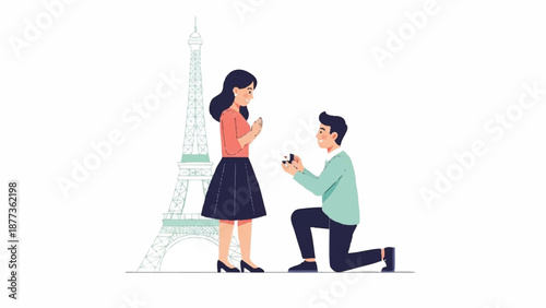 A man proposing to a woman with a ring in front of the Eiffel Tower in a colorful illustration with a romantic mood.