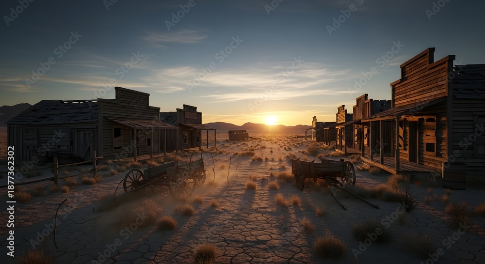 Fototapeta premium Sunset over an old western town with dusty buildings and a serene desert landscape viewed from a distant vantage point