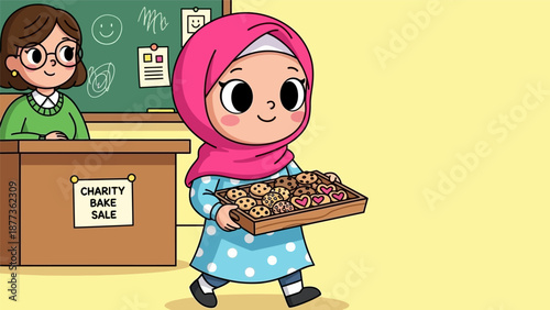 Smiling Hijabi Girl Carries Cookie Tray for Charity Bake Sale Event. School Classroom Fundraising Illustration.