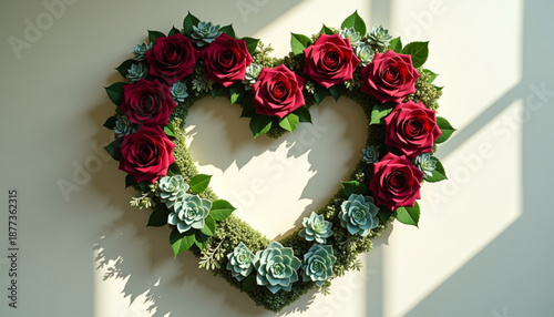 Romantic Heart-Shaped Wreath of Crimson Roses and Succulents