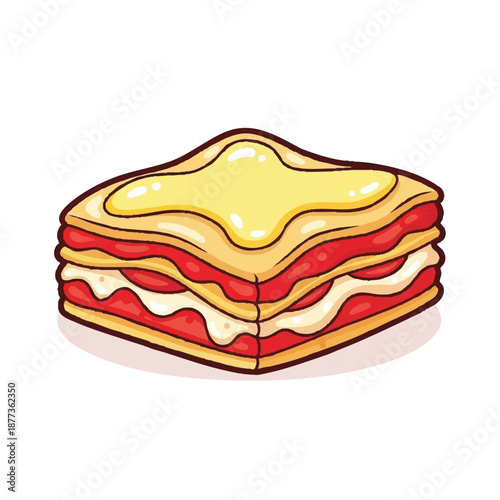 Illustration of a layered sandwich with melted cheese on top against a plain white background.