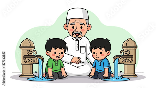 Muslim Man Teaching Boys Wudu (Ablution) at Mosque Fountain. Cute Cartoon Illustration of Islamic Ritual Purity and Religious Education.
