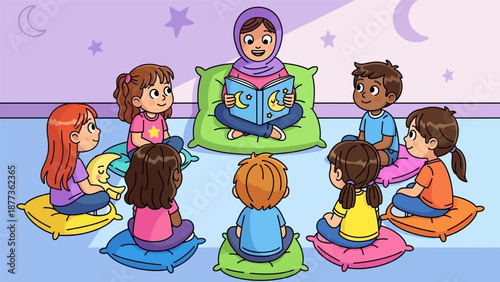 Diverse Kids Listening to Muslim Woman Reading Bedtime Story. Storytelling Circle Illustration of Teacher and Multi-Ethnic Children.