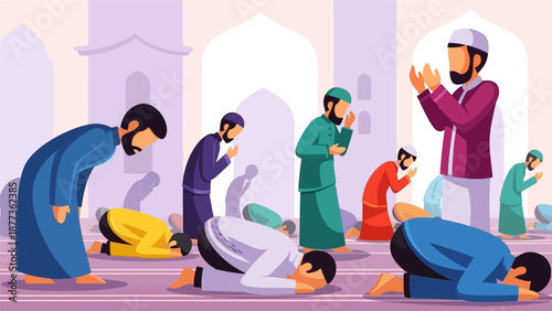 Muslim Men Performing Salat Prayer in Mosque. Islamic Worship during Ramadan, Showing Ruku and Sujud Positions. Community and Faith Illustration.