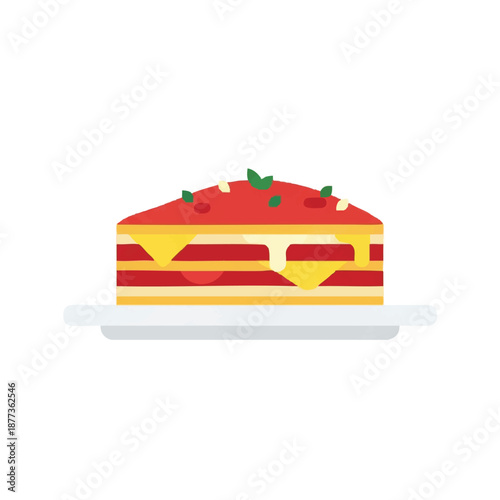 Illustration of a slice of lasagna on a plate with melted cheese and tomato sauce.