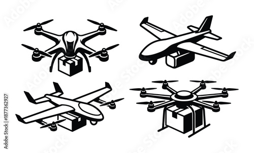 Black and white vector icons of delivery drones carrying package. Drone transportation and fast delivery service.