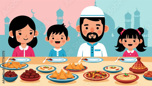 Happy Muslim Family Celebrating Iftar Dinner during Ramadan Kareem. Flat Cartoon Illustration of Islamic Feast and Tradition with Mosque Background.