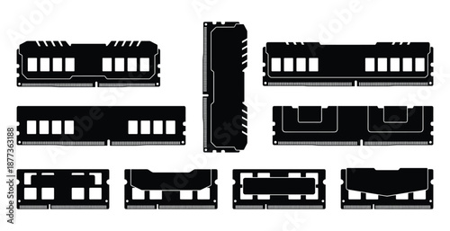 Black and white vector set of computer RAM memory modules with various designs and shapes
