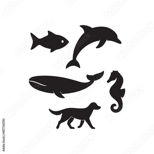 Marine and Land Animals Silhouette Set with Dolphin and Whale
