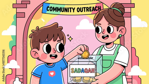 Boy Donating Sadaqah Coin into Charity Box during Community Outreach Event. Cute Flat Vector Illustration of Islamic Giving and Volunteerism.