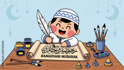 Cartoon Muslim Boy Writing Ramadhan Mubarak Calligraphy. Cute Kid Learning Arabic Art for Islamic Holiday Greetings, Crescent Moon Background.