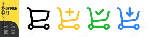 Shopping cart icons, line icon set for e-commerce, buy and sale icons - including add to cart, check out and download symbols. Minimal ecommerce basket symbols for online store. Color icon set