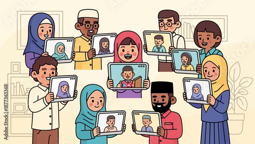 Diverse Muslim Community Video Calling on Tablets: E-Learning, Virtual Meeting, and Remote Communication Illustration