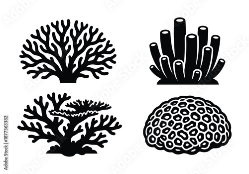 Black coral reef silhouette collection with dome shape and tubular corals. Ocean life vector graphics.