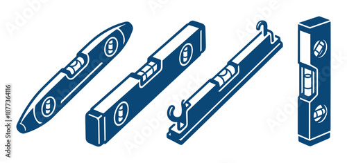 Collection of blue spirit levels. Tools used in carpentry and building projects. Accuracy for construction.
