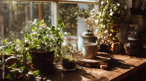 Window sill green plants and home items under natural light, warm indoor life aesthetics scene, green plant decorated home corner
