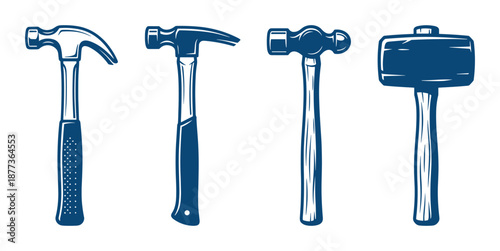 Collection of four hammers with dark blue color and white background, various head types. Vector illustration.