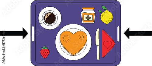Breakfast tray with heart shaped pancakes, coffee, honey, lemon and strawberry, romantic food illustration for love themed brunch, modern flat vector
