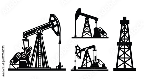 Collection of oil pumps and a drilling rig illustration. Oil industry equipment isolated as black silhouettes.