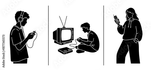 Silhouette Set of People Using Technology and Digital Devices