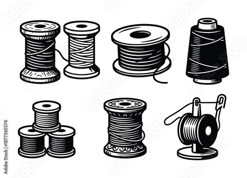 Detailed black and white illustration of various thread spools and a thread stand. Ideal for sewing related designs.