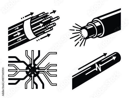Detailed vector illustrations of fiber optics technology, showcasing different data transmission and cables diagrams.