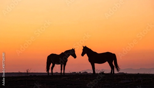 夕焼け空に立つ二頭（二匹）の馬のシルエット