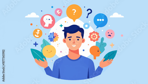 Illustration of a person surrounded by thought bubbles and icons representing emotions and ideas