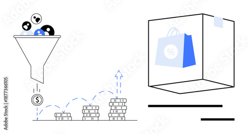 Marketing strategy, sales performance, conversion rates, e-commerce, growth metrics, revenue optimization. Funnel filtering audience, coins stacking shopping bag in a box. Marketing strategy