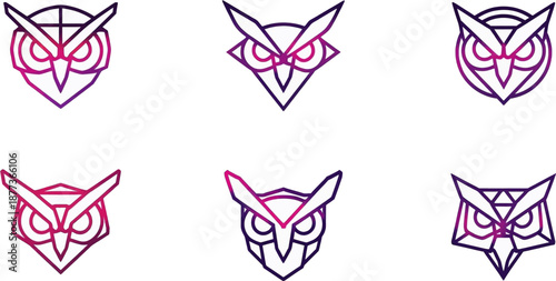 Six geometric owl head logos in a gradient of purple and pink, showcasing modern abstract design.