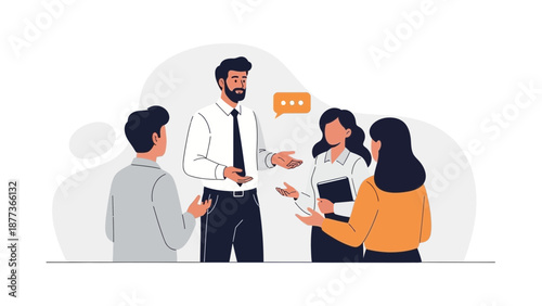 Diverse business team discussing ideas in a meeting, modern flat illustration