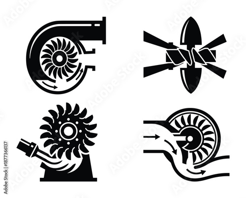 Different types of turbines vector icons: Pelton, Francis, Kaplan, and propeller turbine types.